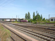 eine orientrote 155 mit Gterzug nach Halle